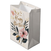 Floral Pink Gold Geburtstag Mittlere Geschenktüte (Vorderseite Schrägansicht)