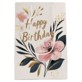 Floral Pink Gold Geburtstag Mittlere Geschenktüte (Rückseite)