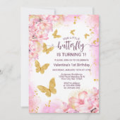 Floral Pink Gold Glitzer Schmetterling 1. Geburtst Einladung (Vorderseite)