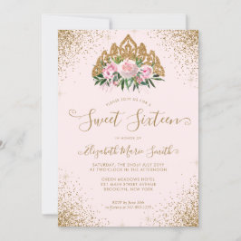Floral Pink Gold Glitzer Tiara Sweet 16 Geburtstag Einladung