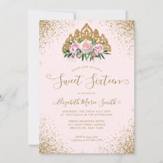 Floral Pink Gold Glitzer Tiara Sweet 16 Geburtstag Einladung