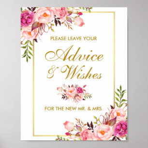 Floral Pink Gold Hochzeitsratgeber und Wünsche Poster