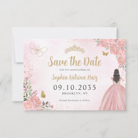 Floral Pink Gold Princess Birthday Quinceanera Save The Date (Vorderseite)