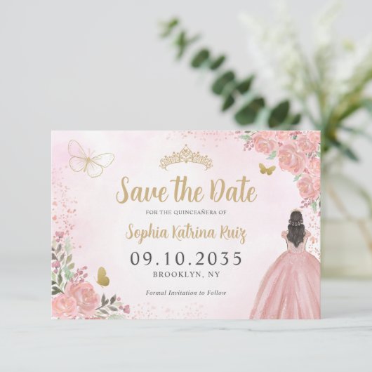 Floral Pink Gold Princess Birthday Quinceanera Save The Date (Stehend Vorderseite)