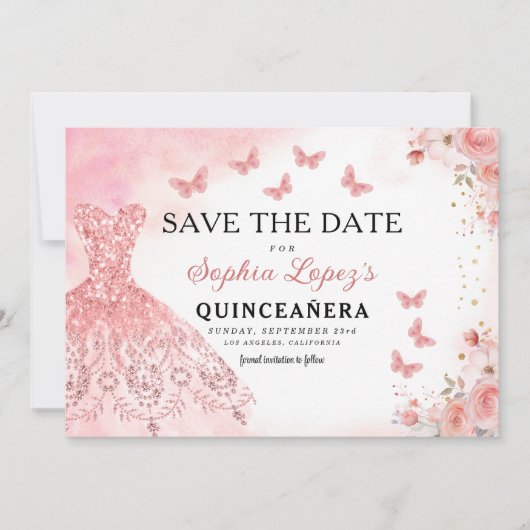 Floral Pink Gold Princess Birthday Quinceanera Save The Date (Vorderseite)