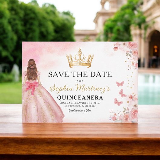 Floral Pink Gold Princess Birthday Quinceanera Save The Date