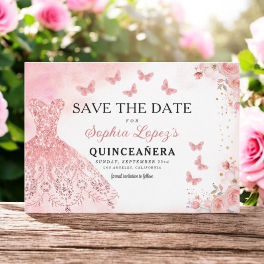 Floral Pink Gold Princess Birthday Quinceanera Save The Date