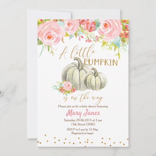 Floral Pink Gold Pumpkin Baby Dusche Einladung (Vorderseite)