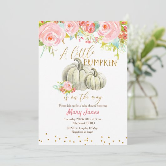 Floral Pink Gold Pumpkin Baby Dusche Einladung (Stehend Vorderseite)