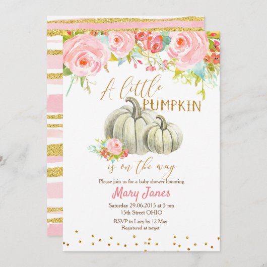Floral Pink Gold Pumpkin Baby Dusche Einladung (Vorne/Hinten)