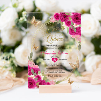 Floral Pink Gold Tiara Butterfly Mis Quinceañera Acryleinladungen