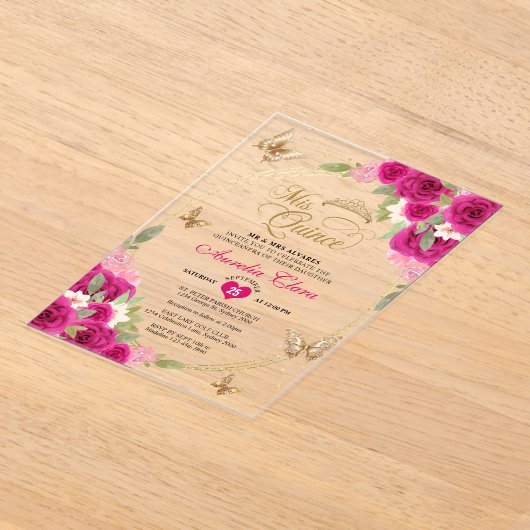 Floral Pink Gold Tiara Butterfly Mis Quinceañera Acryleinladungen (Ablage )