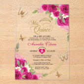 Floral Pink Gold Tiara Butterfly Mis Quinceañera Acryleinladungen (Vorderseite)