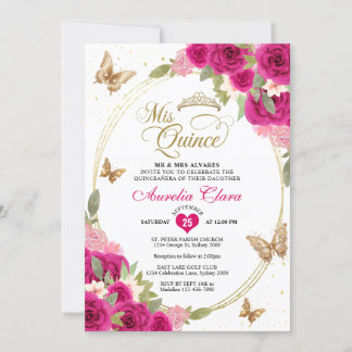 Floral Pink Gold Tiara Butterfly Mis Quinceañera Einladung