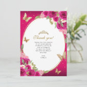 Floral Pink Gold Tiara Butterfly Quinceañera Foto Dankeskarte (Stehend Vorderseite)