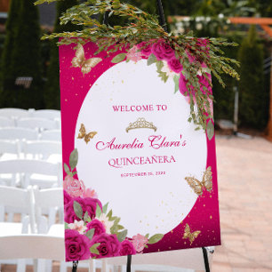 Floral Pink Gold Tiara Butterfly Quinceañera Poster