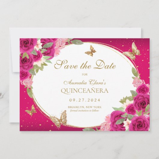 Floral Pink Gold Tiara Butterfly Quinceanera Save The Date (Vorderseite)