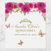 Floral Pink Gold Tiara Butterfly Quinceañera Weinetikett (Einzelnes Label)