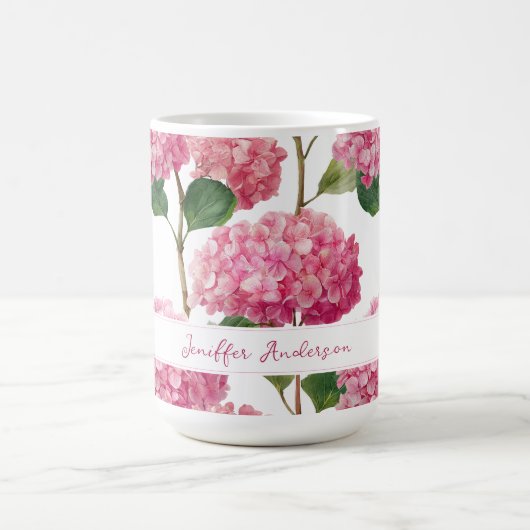 Floral Pink Hydrangea with Custom Name Kaffeetasse (Mittel)