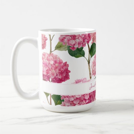 Floral Pink Hydrangea with Custom Name Kaffeetasse (Links)