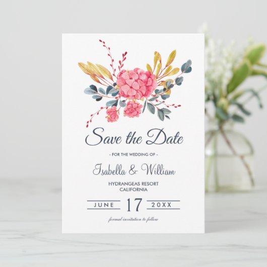 Floral Pink Hydrangeas Bouquet Save the Date (Stehend Vorderseite)