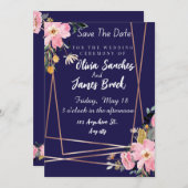 Floral pink Navy Blue Rustic Wedding  Einladung (Vorne/Hinten)
