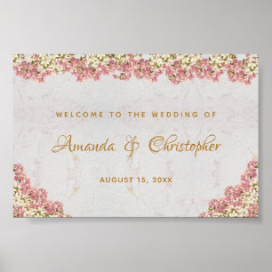 Floral Pink Orchids Marble Wedding Welcome Sign Poster