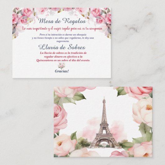 Floral Pink Paris Lluvia de Sobres Quinceañera Mitteilungskarte (Vorne/Hinten)