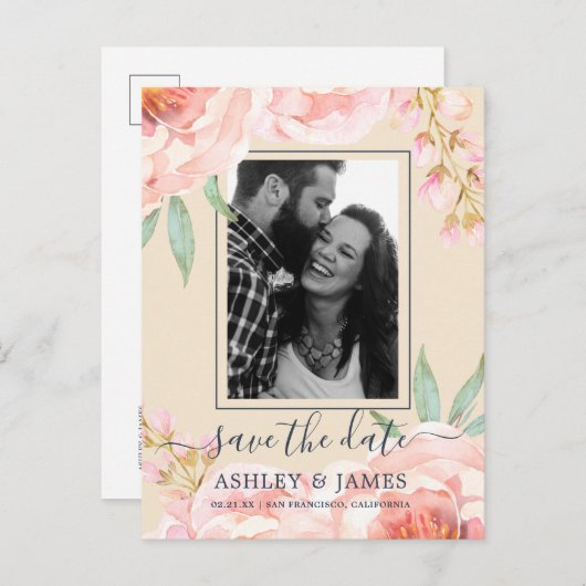 Floral Pink Peak Wasserfarbe Save the Date Ankündigungspostkarte (Vorne/Hinten)