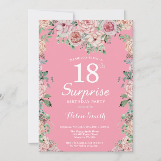Floral Pink Peonies 18th Surprise Birthday Einladung (Vorderseite)