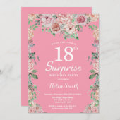 Floral Pink Peonies 18th Surprise Birthday Einladung (Vorne/Hinten)