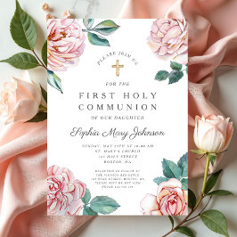 Floral Pink Peonies Girl Religious First Communion Einladung