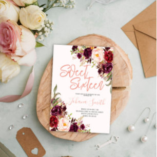 Floral Pink Peony Burgundy Sixzehnten Geburtstag Einladung