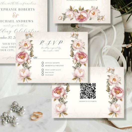 Floral Pink Peony Eleganspring QR-Code Hochzeit RSVP Karte