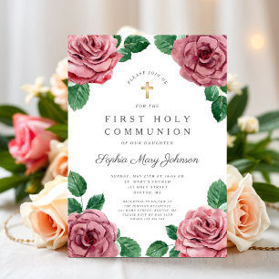 Floral Pink Pfingstrosen Mädchen Religiöse Erstkom Einladung