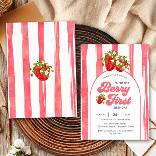 Floral Pink Red Strawberry Berry Erster Geburtstag Einladung
