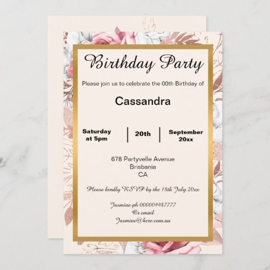 FLORAL PINK ROSE GOLD BIRTHDAY PARTEI EINLADUNG (Vorne/Hinten)