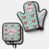 Floral Pink Rose Roses Pattern Aqua Womans Name Ofenhandschuh & Topflappen-Set (Vorderseite/Rückseite)