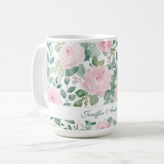 Floral Pink Rose with Custom Name Kaffeetasse (Vorderseite Links)