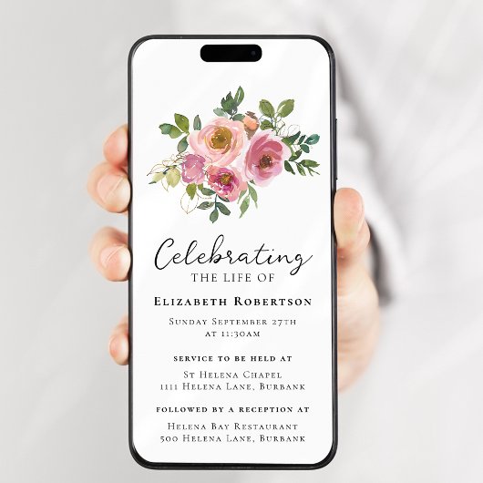 Floral Pink Roses Beerdigung Digital Evite Einladung