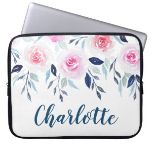 Floral Pink Roses Personalisierter Name Laptopschutzhülle