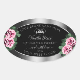 Floral Pink Roses Silver Black Product Labels Logo Ovaler Aufkleber