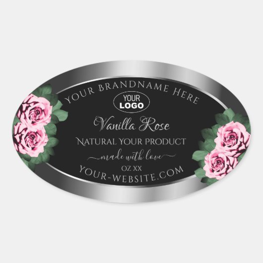 Floral Pink Roses Silver Black Product Labels Logo Ovaler Aufkleber (Vorderseite)