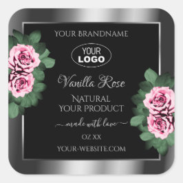 Floral Pink Roses Silver Black Product Labels Logo Quadratischer Aufkleber