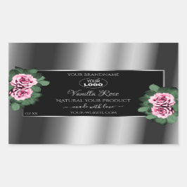 Floral Pink Roses Silver Black Product Labels Logo Rechteckiger Aufkleber