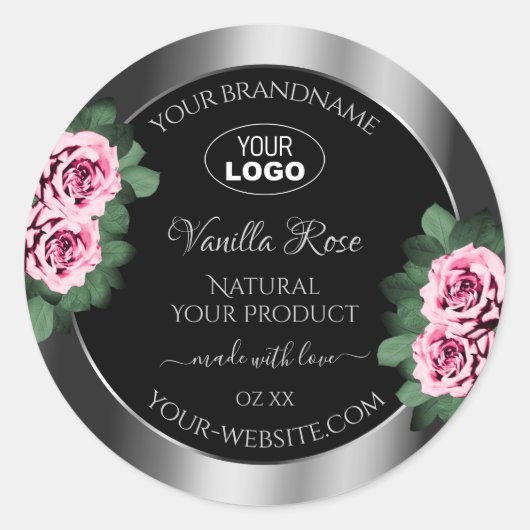 Floral Pink Roses Silver Black Product Labels Logo Runder Aufkleber (Vorderseite)