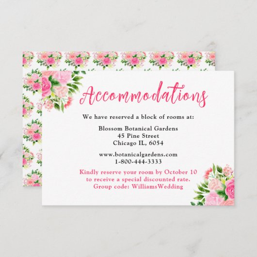 Floral Pink Roses Wedding Accommodations  Begleitkarte (Vorne/Hinten)