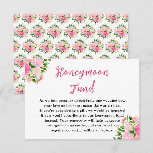 Floral Pink Roses Wedding Honeymoon Fund Begleitkarte (Vorne/Hinten)