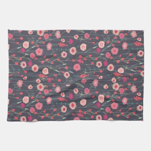 Floral Pink Schwarzes Muster Geschirrtuch (Horizontal)