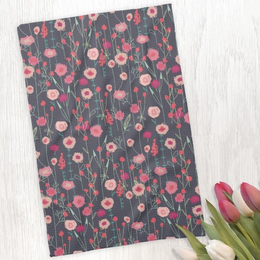 Floral Pink Schwarzes Muster Geschirrtuch